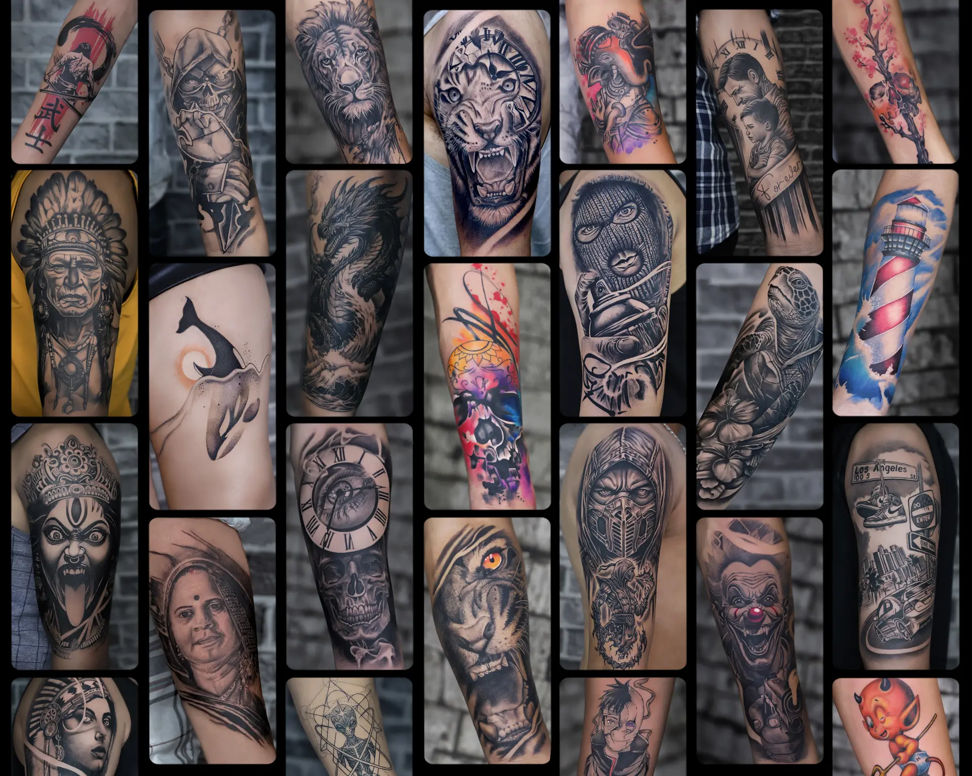 Forearm tattoos by Kingleo Tattooz: lion, trishul, Ganesha, forest and street-art designs