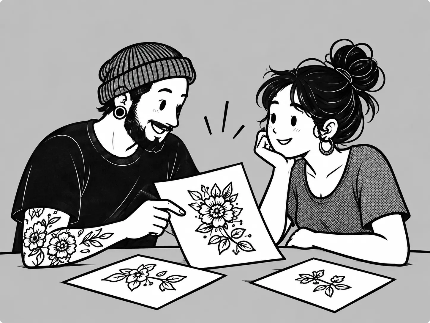 An artist sketching a tattoo design with a client